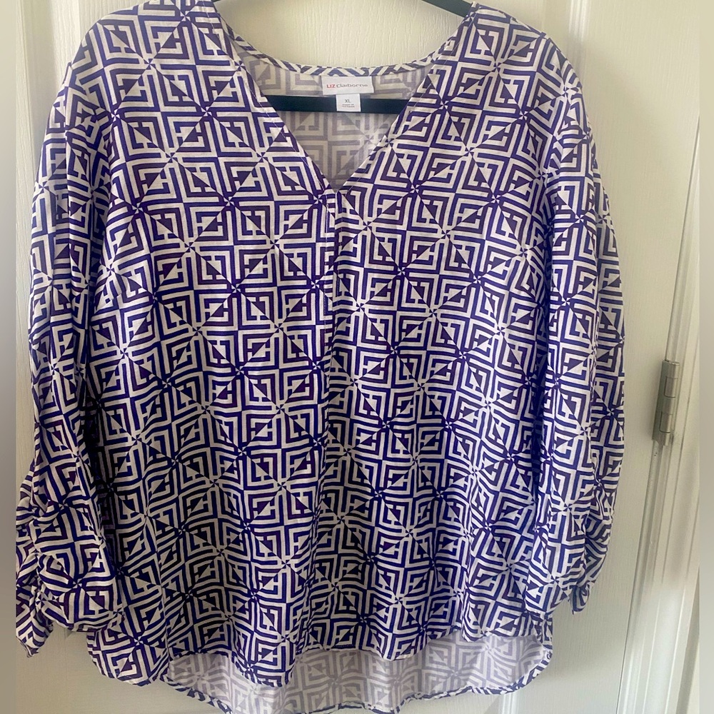 Liz Claiborne Purple and White Geometric Blouse